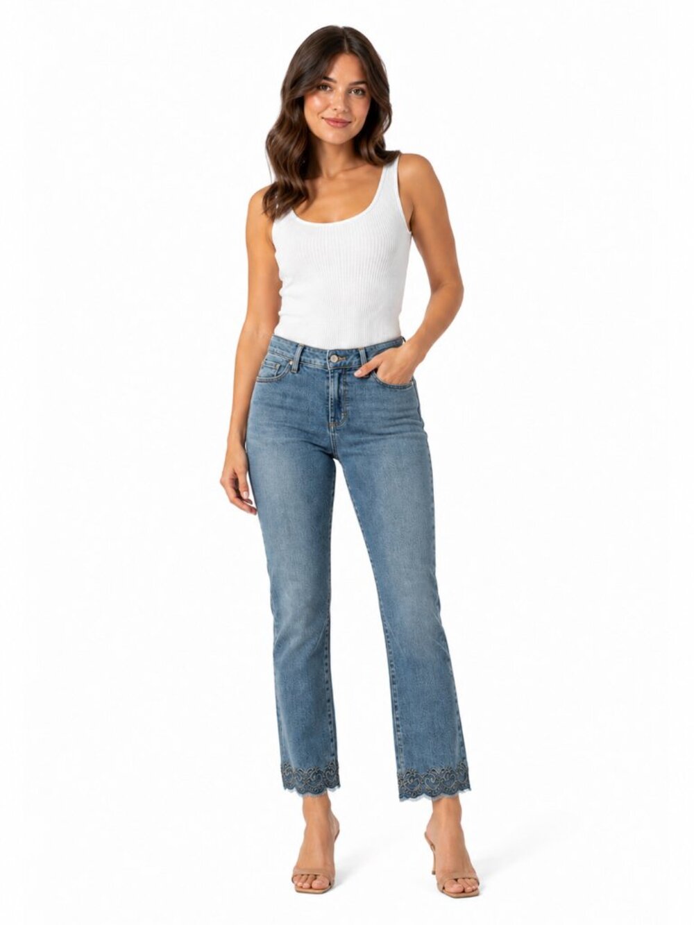 NYDJ Clarissa Ankle Jeans | Embroidered Scallop Hem | Size 10P